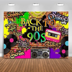 May include: A backdrop featuring a brick wall design with graffiti art, vinyl records, and a boombox. The words "Back to the 90s" are prominently displayed. Bright colors include yellow, green, pink, and purple.