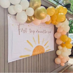 Boho First Trip Around the Sun Backdrop Banner- Muted Sunrise Theme Decor, 1st Birthday Party Photo Background for Boys & Girls (6x4ft)