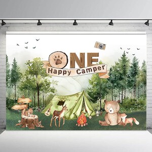 One Happy Camper 1st Birthday Backdrop: Forest Camping Theme (6x4ft)