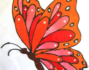 Window Color Bild, 1  x großer Schmetterling orange rot rosa, Fensterbild Frühling Sommer (1.0)