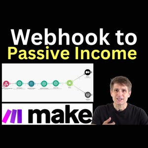 Puede incluir: Un hombre con una camisa negra está explicando cómo usar webhooks para generar ingresos pasivos. La imagen incluye un diagrama que muestra una serie de pasos, incluyendo "Generar nuevo contenido", "Escribir un título", "Programar", "Compartir en redes sociales" y "WordPress". El diagrama también incluye los logotipos de Zapier, Make y WordPress.