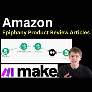 Könnte beinhalten: Ein Mann erklärt, wie man Google Sheets, Medium und OpenAI verwendet, um Produktbewertungen für Amazon zu schreiben. Der Text auf dem Bildschirm lautet "Amazon Epiphany Product Review Articles".