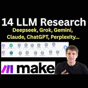 Op de afbeelding: Een man in een zwart shirt praat over 14 verschillende large language models (LLMs), waaronder Deepseek, Grok, Gemini, Claude, ChatGPT en Perplexity. Achter hem is een diagram van de modellen te zien. De tekst "make" staat op de voorgrond.