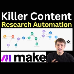 May include: A man in a black shirt with the word "make" in purple and white text is standing in front of a computer screen. The screen shows a flowchart with the title "Killer Content Research Automation". The flowchart shows a series of steps for automating content research.