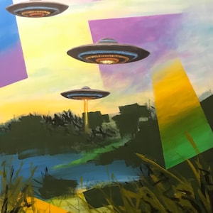 May include: A painting of three flying saucers in a yellow, purple, and blue sky. The saucers are flying over a green field with tall grass.