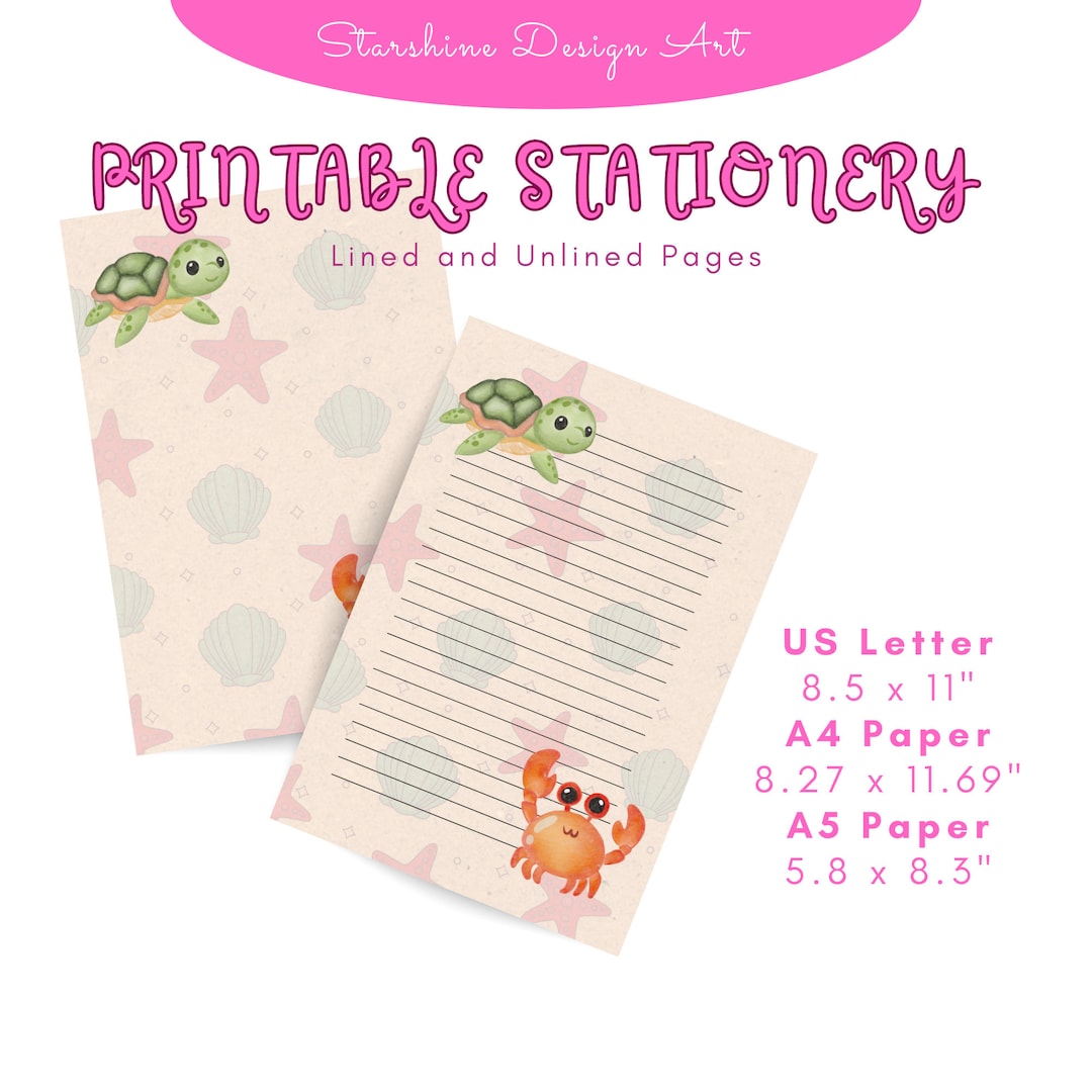 Printable Stationery Cute Kawaii Ocean Animals Lined and - Etsy
