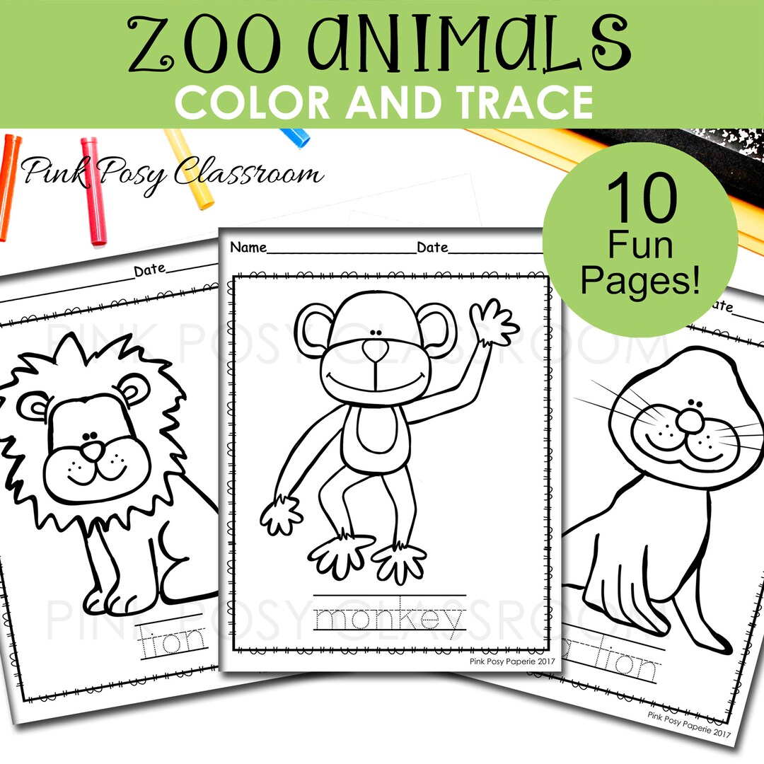 Zoo Animal Coloring Pages, Color and Trace the Word, Zoo Animals