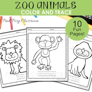 Zoo Animal Coloring Pages, Color and Trace the Word, Zoo Animals Activities for kids, Zoo Coloring Pages for Kids, Instant Download