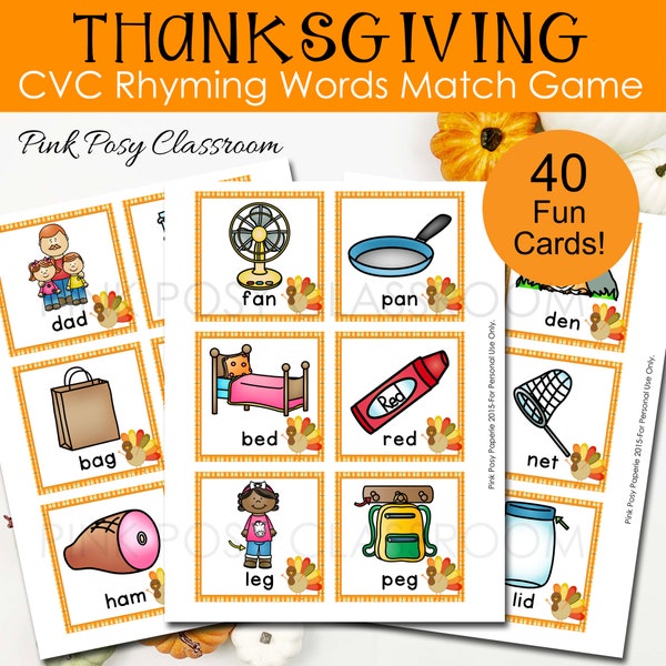 Memory Games, Thanksgiving Games, Rhyming Game, Rhyming Cards, Memory Game Printable, CVC Words, Homeschool Activity, Kids Flashcards