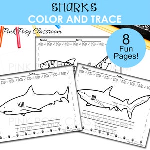 Shark Coloring Pages, Color and Trace the Letters, Printable Shark Activities for kids, Shark Coloring Pages for Kids, Instant Download,