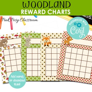 Bewerkbare beloningsgrafieken, Woodland-beloningsgrafieken, Klasdecoraties, Leermiddelen, Beloningen voor studenten, Direct downloaden, Afdrukbare grafieken