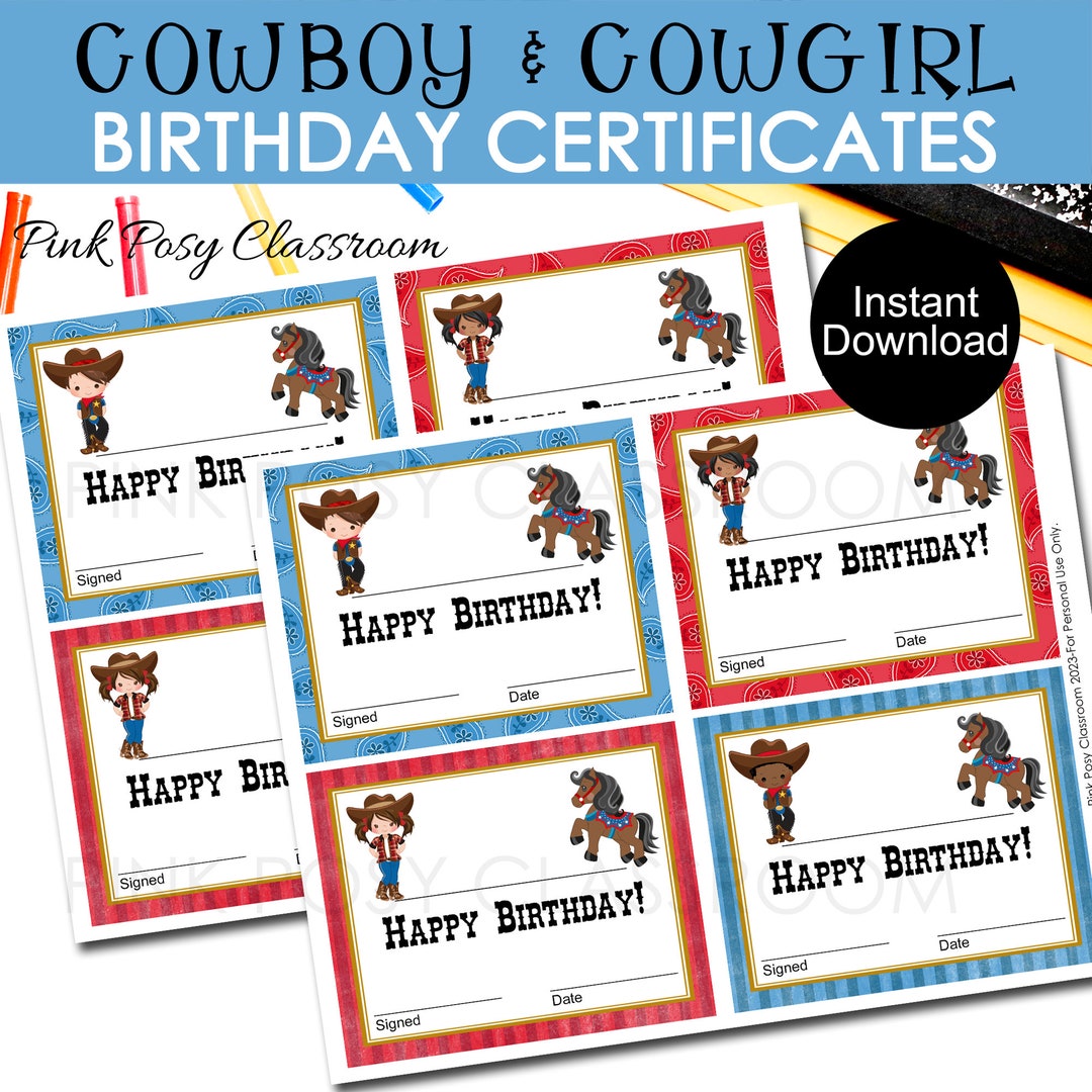 Happy Birthday Certificate Cowboy Birthday Certificate - Etsy