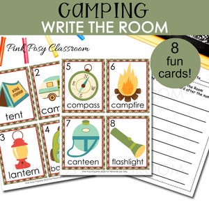 Cartões de vocabulário de acampamento, impressão de acampamento, centro de alfabetização, atividade de escrita, cartões flash de acampamento, acampamento escreva a sala