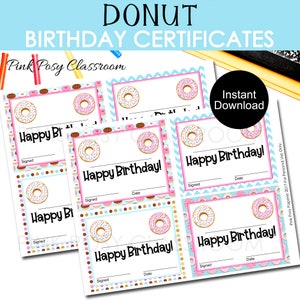 Happy Birthday Certificate, Donut Birthday Certificate, Classroom Reward, Certificate for School, Happy Birthday Award, School Birthday