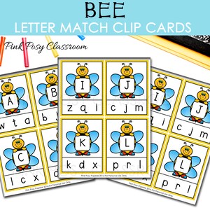 Tarjetas flash del alfabeto, tarjetas de clip del alfabeto de abeja, tarjetas de coincidencia de letras, reconocimiento de letras, actividad de educación en el hogar, tarjetas flash para niños, educativo