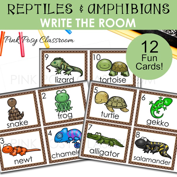 Reptiles Vocabulary Cards, Reptiles and Amphibians Printable, Literacy Center, Writing Activity, Reptile Flash Cards, Reptile Write the Room