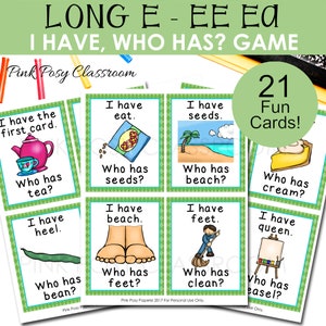 Equipos de vocales E largas, juego de cartas I Have Who Has, palabras ee y ea, imprimible de vocales largas, juego imprimible, familias de palabras, juego de aula