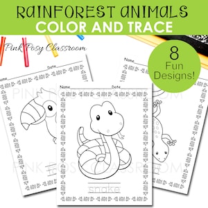 Rainforest Animals Coloring Pages, Color and Trace the Word, Rain Forest Activities for kids, Coloring Pages for Kids, Instant Download