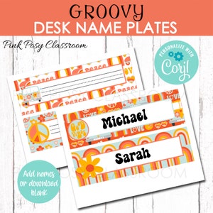 Editable Desk Name Plates, Groovy Desk Name Tag, Classroom Decorations, Teacher Resource, Classroom Decor, Instant Download, Retro 70s Label