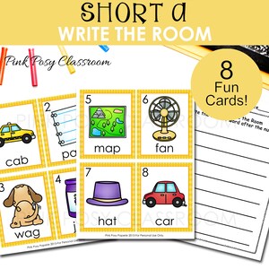 Korte woordenschatkaarten, korte klinkerklank, CVC-woordfamilies, taalkunsten, flashcards voor kinderen, phonics-leesactiviteit, schrijf de kamer