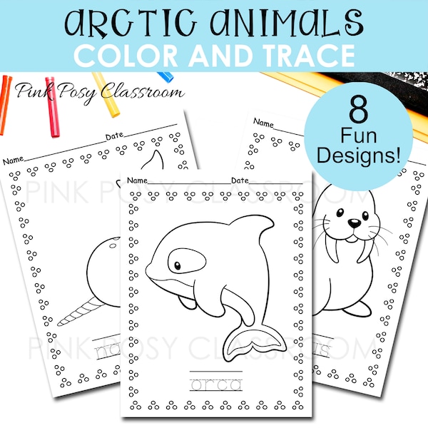 Arctic Animals Coloring Pages, Color and Trace the Word, Arctic Animals Activities for kids, Coloring Pages for Kids, Instant Download