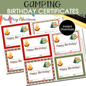 Certificat de joyeux anniversaire, certificat d'anniversaire de camping, récompense de classe, certificat pour l'école, prix de joyeux anniversaire, anniversaire scolaire