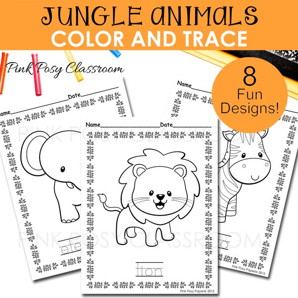 Jungle Animals Coloring Pages, Color Trace the Word, Safari Animals Activities for kids, Jungle Coloring Pages for Kids, Instant Download