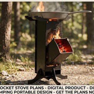 Puede incluir: Una estufa cohete de metal negro con una sartén encima, con llamas visibles dentro y arriba. La estufa está diseñada para acampar y cocinar al aire libre. El texto en la parte inferior dice: PLANOS DE ESTUFA COHETE - PRODUCTO DIGITAL - DISEÑO PORTÁTIL DE CAMPING DIY - ¡OBTÉN LOS PLANOS AHORA!