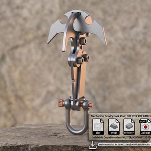 Könnte beinhalten: Ein metallischer mechanischer Schwerkrafthaken mit einem U-förmigen Schäkel und einer mehrzackigen Spitze. Der Haken besteht aus silberfarbenem Metall und ist mit mehreren gelenkigen Abschnitten versehen. Das Bild enthält eine Grafik mit Dateiformatsymbolen und Text.