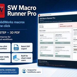 May include: A digital software interface for SW Macro Runner Pro, featuring a dark blue background with white text. The screen displays a macro centre with four options: BatchDXF, BEND_DETAILS, LASER_CUT_READY, and STEP/PARASOLID FLAT, alongside workflow instructions and licence status.