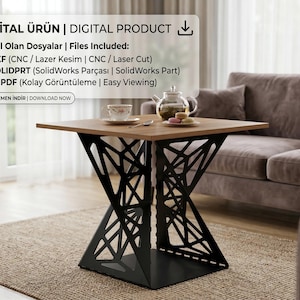 May include: A square coffee table with a light brown wooden top and a black geometric metal base. A tea set with a cup, saucer, teapot, and pastries sits on the table. The text "DİJİTAL ÜRÜN | DIGITAL PRODUCT" is at the top.