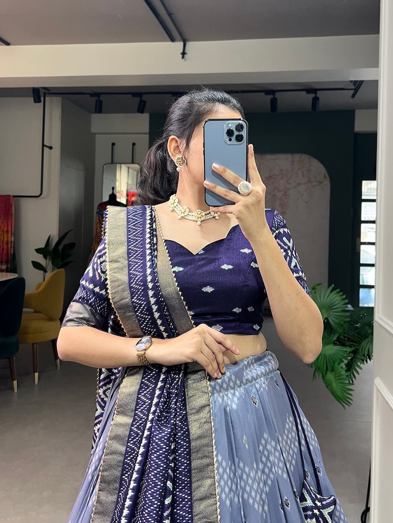 RFSS1022 - Teal Blue Ikkat Print Frock with Mirror Work