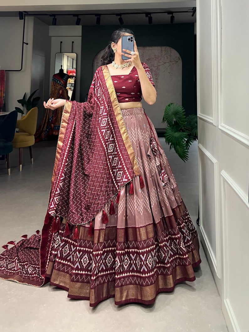 Tussar Silk Floral Print Lehenga with Blouse and Koti for Women – Stitched Wedding Wear