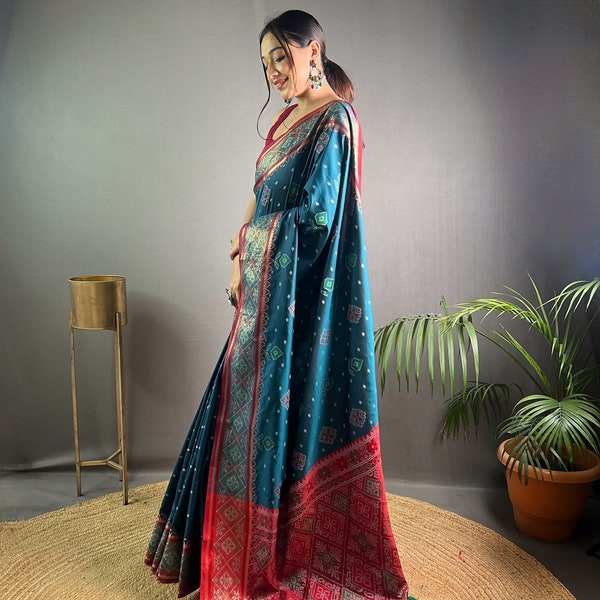 Varman Traditional Indian Saree for Women Ready to Wear Saree Soft Rangeen Patola Silk Party Wear Fully Stitched Blouse, Listing ID: