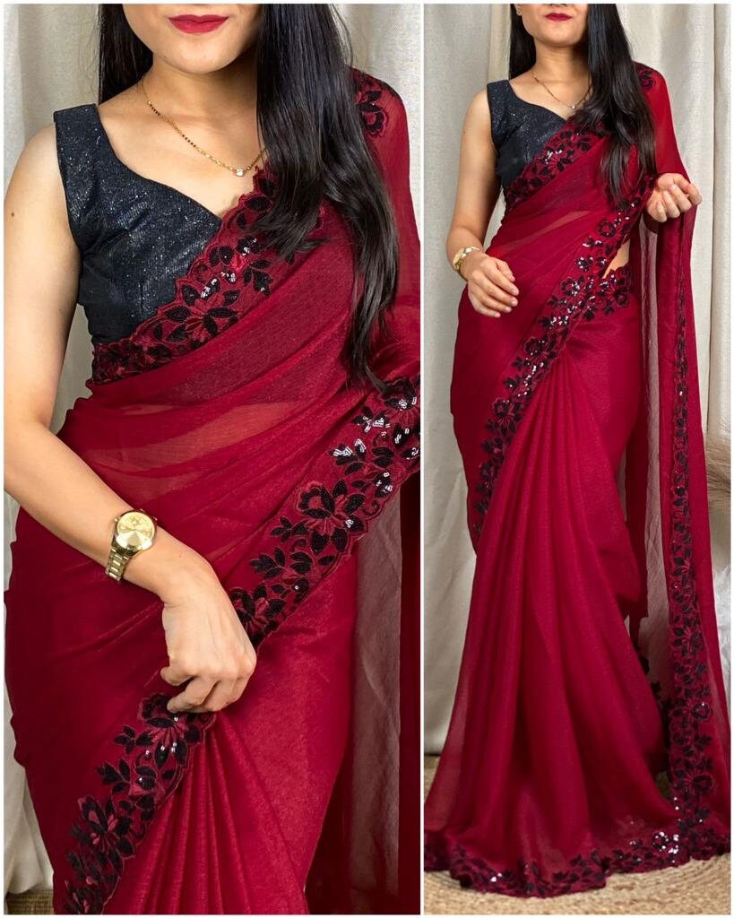 Made to Order Indian Sequins Deep Sweetheart Neck Sleeveless Saree