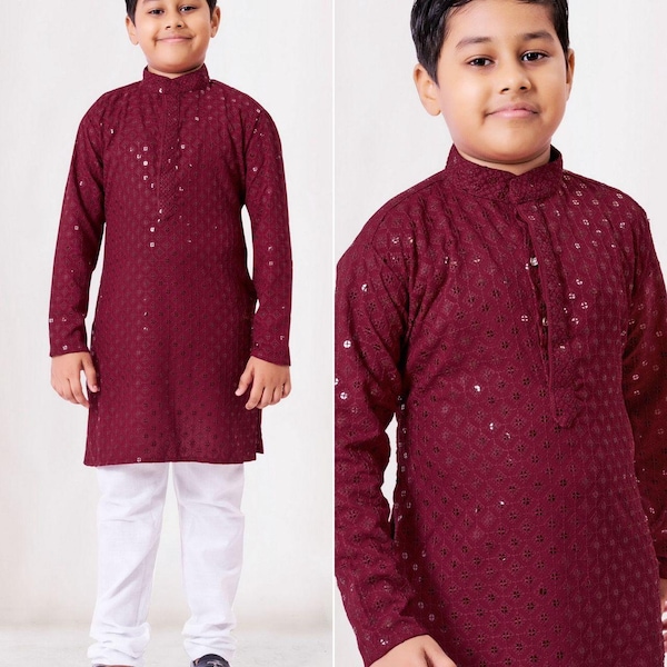 2-3 Days Delivery! Indian Boys Kurta Pyjama Ready to Wear Rayon Cotton Party Wear Chikankari Work, Listing ID: 9028658921754