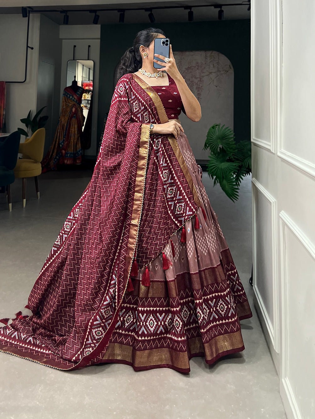 Premium Dupion Silk Lehenga‑Blouse‑Dupatta Set – Zari Weaving Work