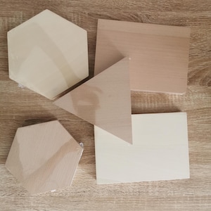 Può includere: Un assortimento di forme in legno non rifinite, tra cui due esagoni, due rettangoli e un triangolo. Le forme sono in varie tonalità di marrone chiaro e beige, alcune avvolte in plastica trasparente.