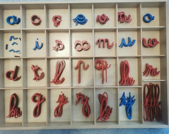 Alfabeto mobile lettere corsive Mimi Montessori con scatola portaoggetti