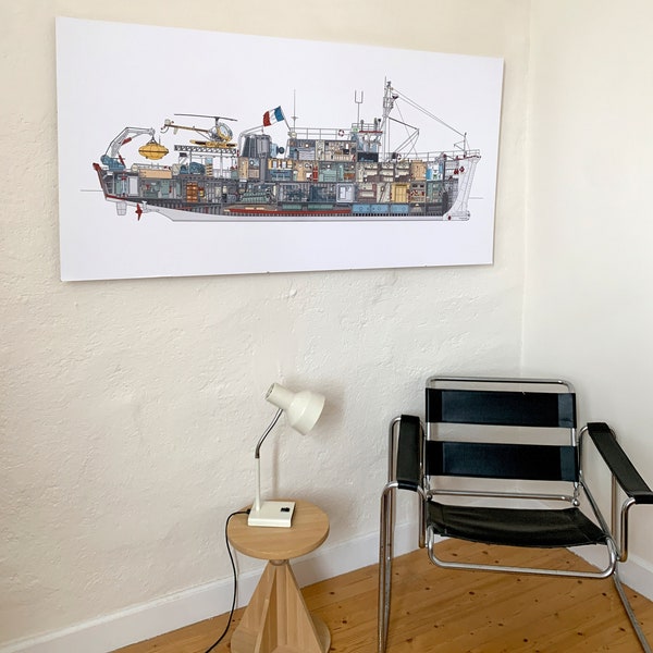 Beautiful art print with a detailed illustration of Jacques Cousteau's research ship Calypso, size 160 x 80 cm