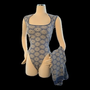 ONE-OF-A-KIND Azzadine Alaia matching stretch pants and bodysuit in Light Blue n White