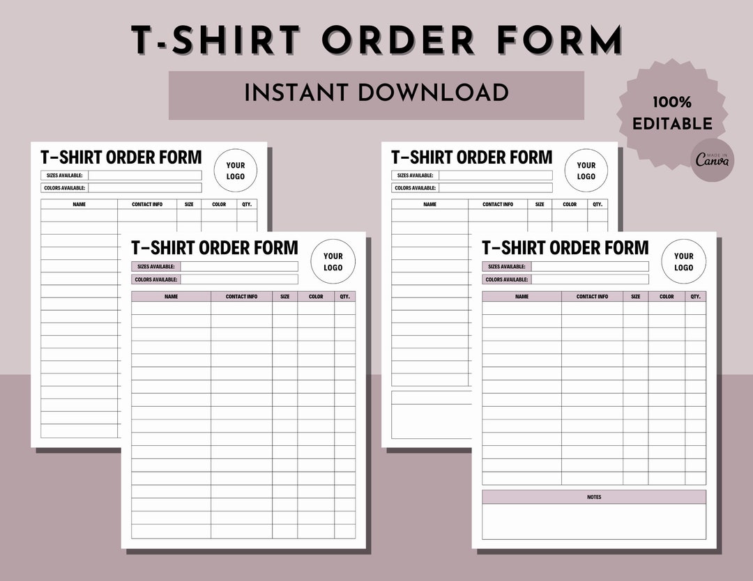 Printable Tshirt Order Form Template Editable Order Form Customizable T ...