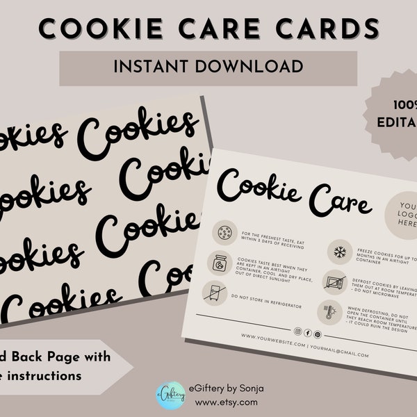 Editable Cookie Care Card | Cookie Card  Canva Template | Cookie order form | Care instructions | Bakery Business Card | Product insert card