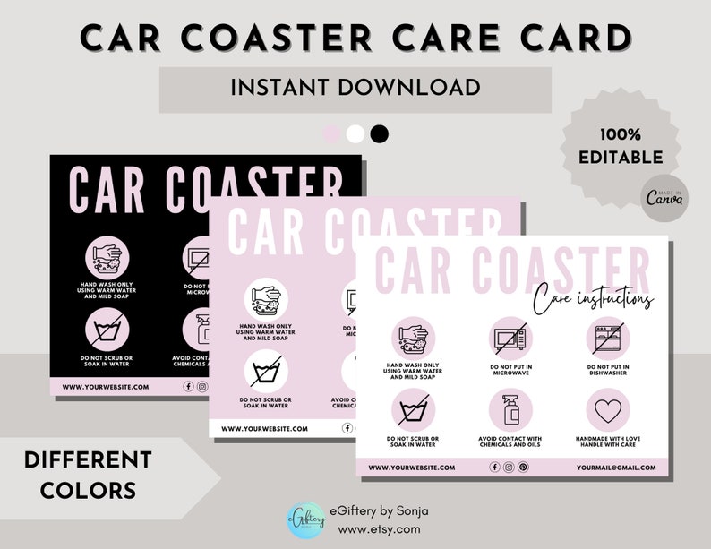Editable Car Coaster Care Card Template Printable Car Coaster Care