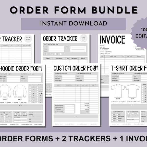 6 Order Forms Bundle I Editable Invoice Order Form I Printable T-Shirt Template I Hoodie Small Business Forms for Crafters IShirt order form