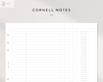 Cornell Notes Set| A5 | Printable PDF | Planner Inserts Template |Lined,Ruled,Graph,Dot Grid,Blank | student notebook | Instant Download