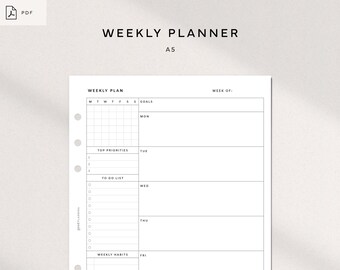 Weekly Planner | A5 Ring Printable Planner Inserts PDF | WO1P Layout Template | Undated Weekly Schedule Worksheet | Week at a Glance
