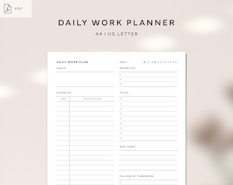 Daily Work Planner | A4, US Letter Printable | Work From Home Organizer | Work Plan Worksheet, Productivity Template | digital download