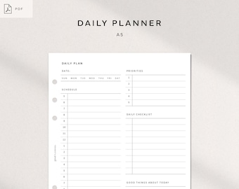 Daily Planner printable | A5, One Page, PDF| Hourly Schedule | Today Bullet Journal, Time Tracker, Undated Goal Planner | digital download