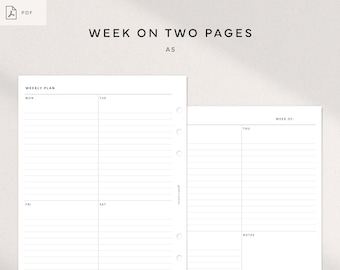 Week on Two Pages | WO2P | Undated Weekly Planner | A5 Ring Printable Inserts | Minimalist Weekly Schedule Worksheet | Week at a Glance
